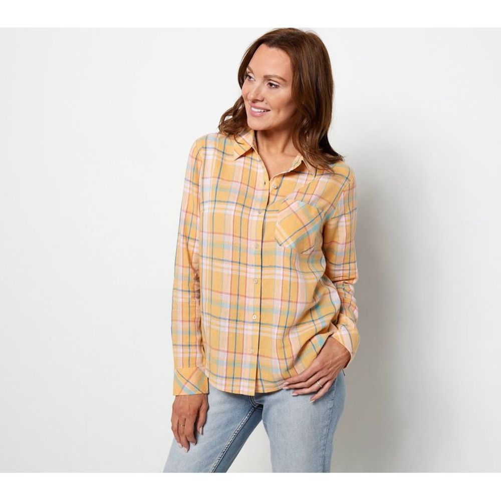 Candace Cameron Bure Women's Top Sz M Linen Blend Button- Front Yellow A478498
